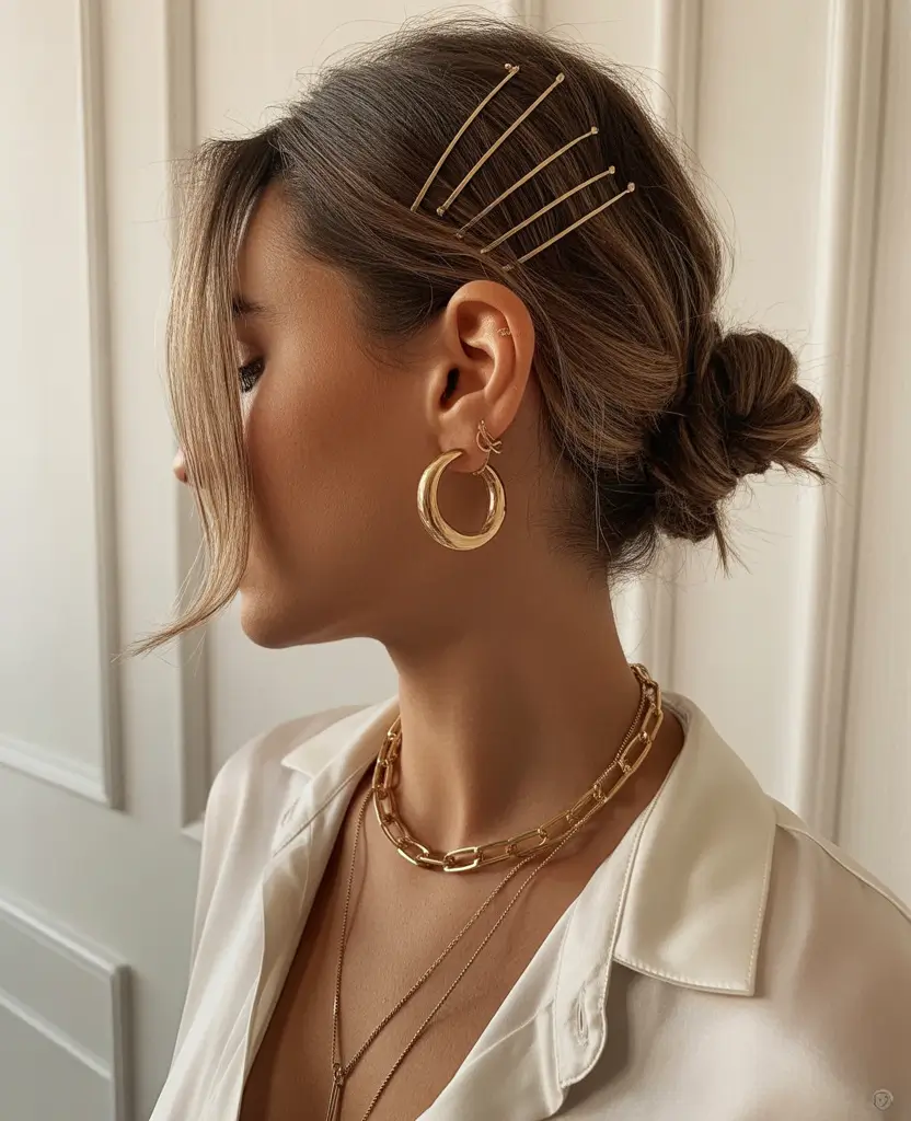 fall bob hairstyle Low Knot Bob with Elevated Gold Pins