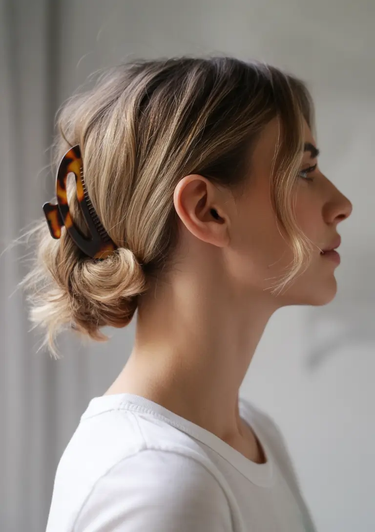 fall bob hairstyle Effortless Blonde Bob with Tortoiseshell Clip