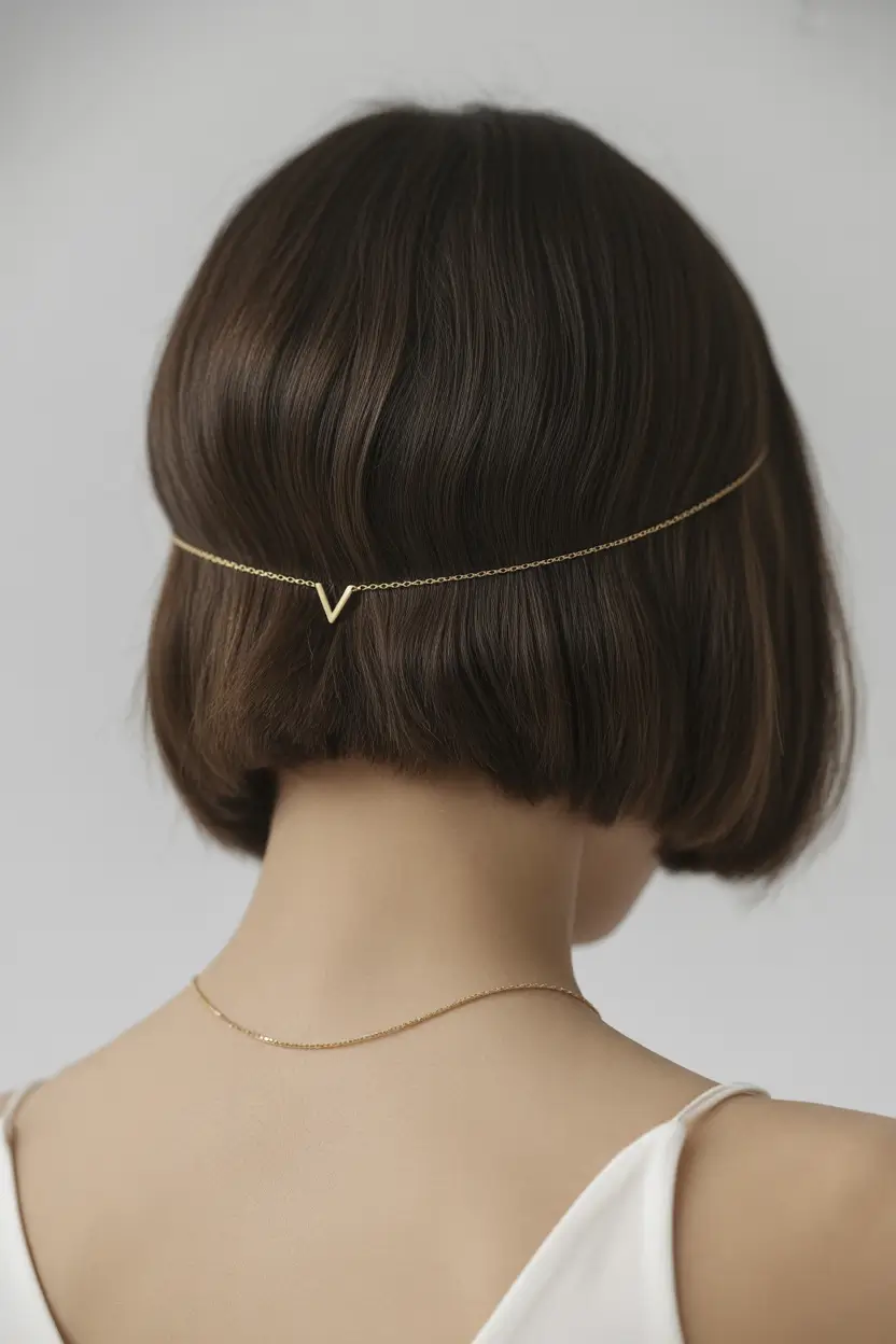 fall bob hairstyle Blunt Brunette Bob with Gold Chain Accent