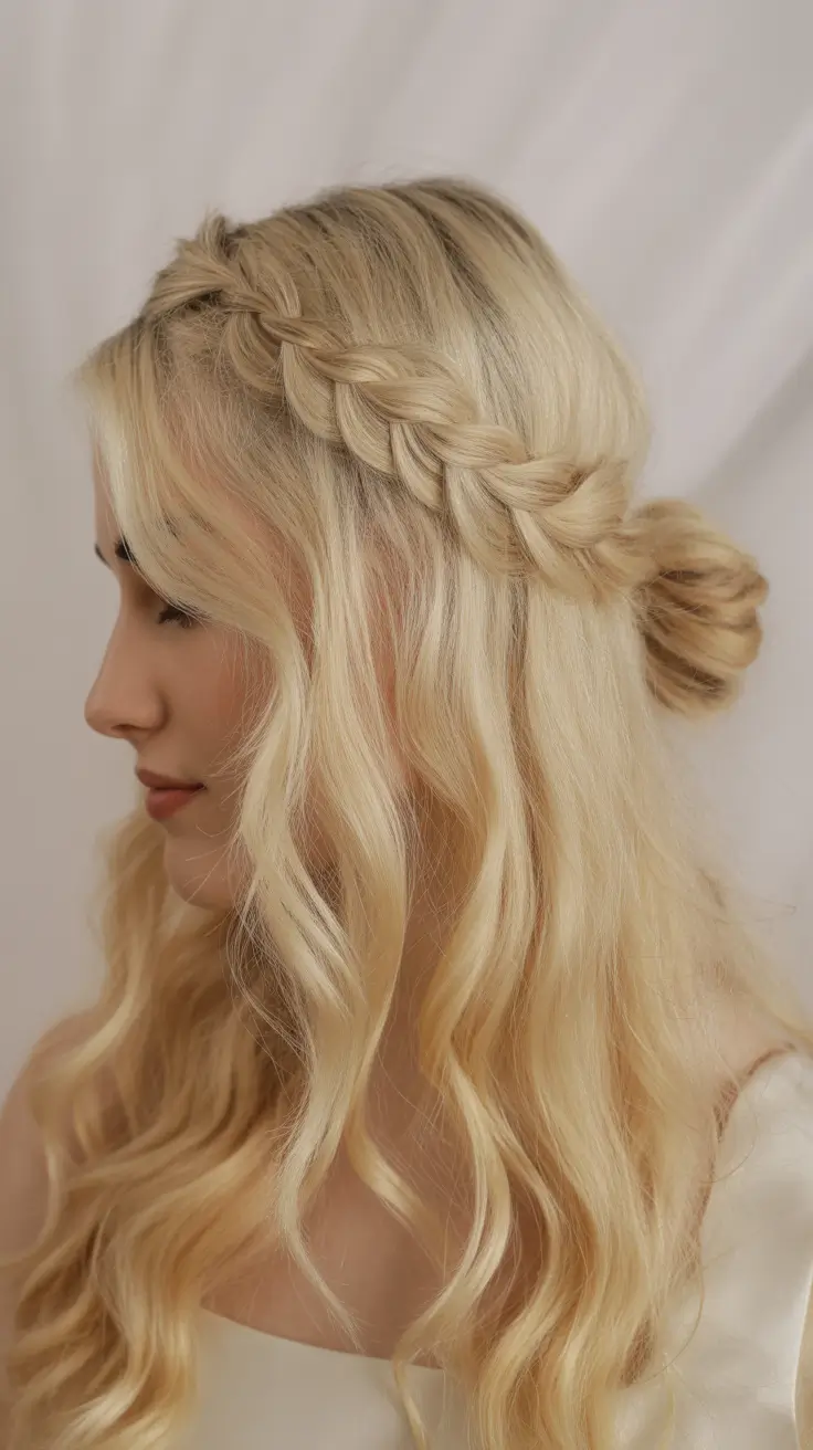 Fall braids hairstyle Half-Up Crown Braid with Soft Waves