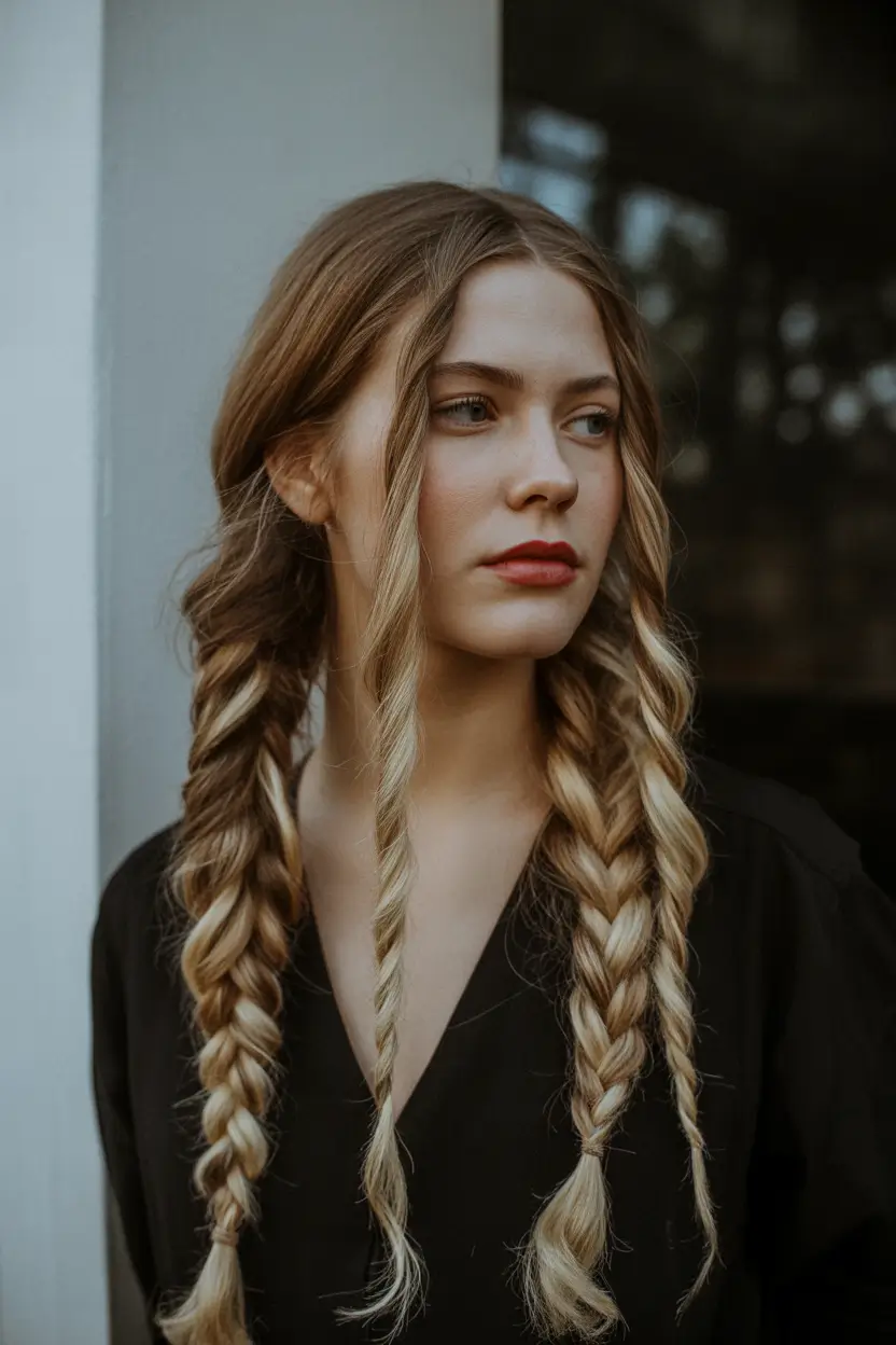 Fall braids hairstyle Undone Twin Braids with Face-Framing Waves