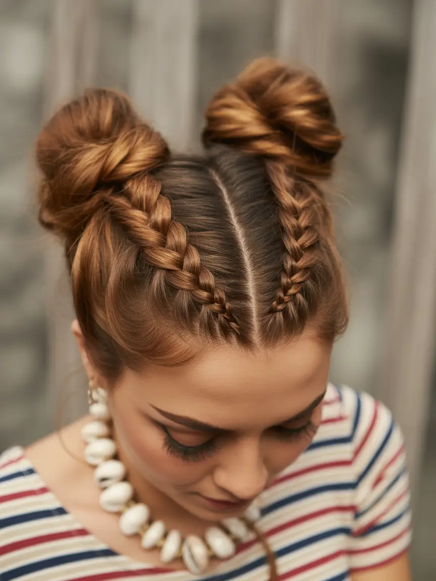 Fall braids hairstyle Playful Space Buns with Braided Detail