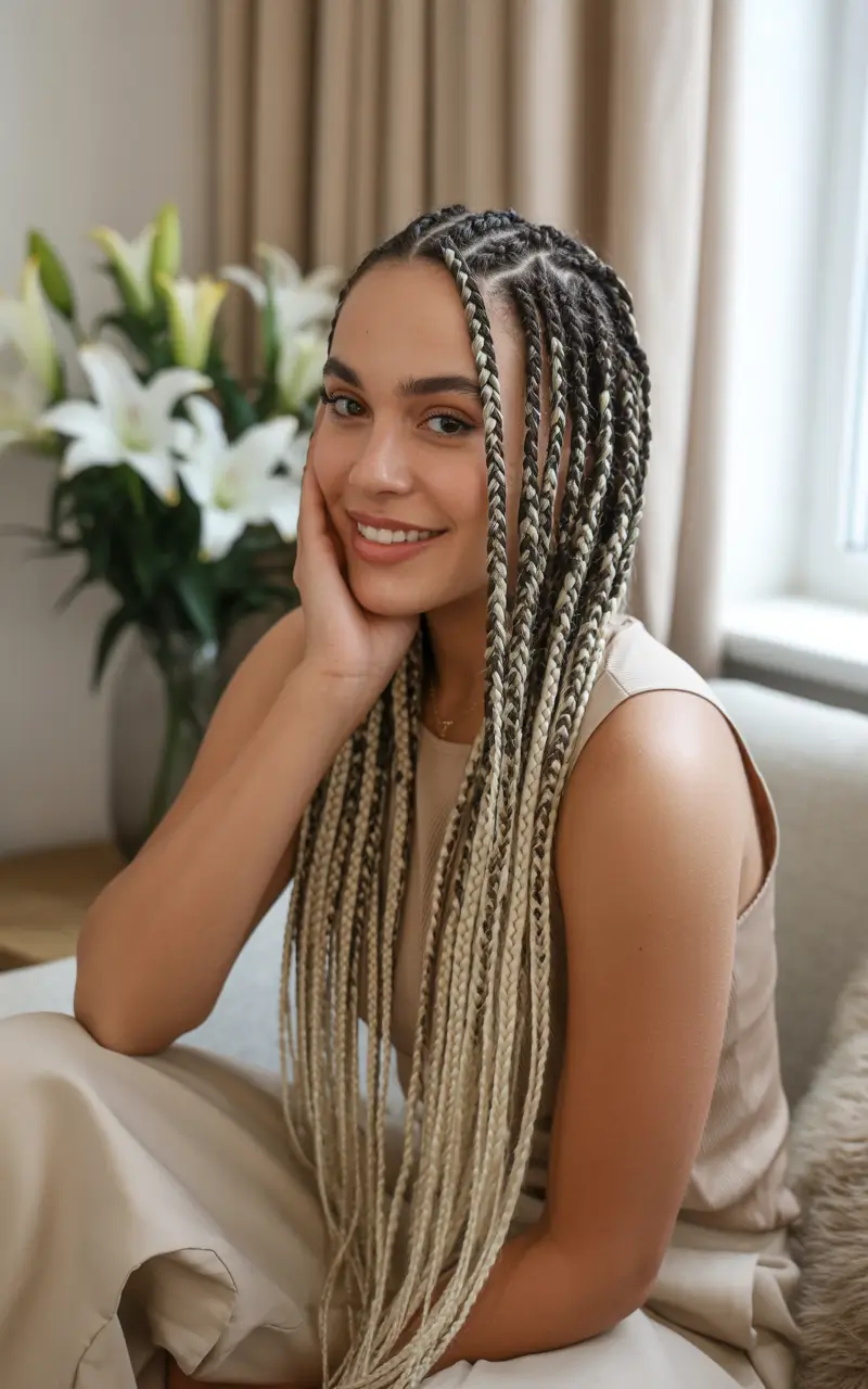 Fall braids hairstyle Long Boho Knotless Braids with Blonde Accents