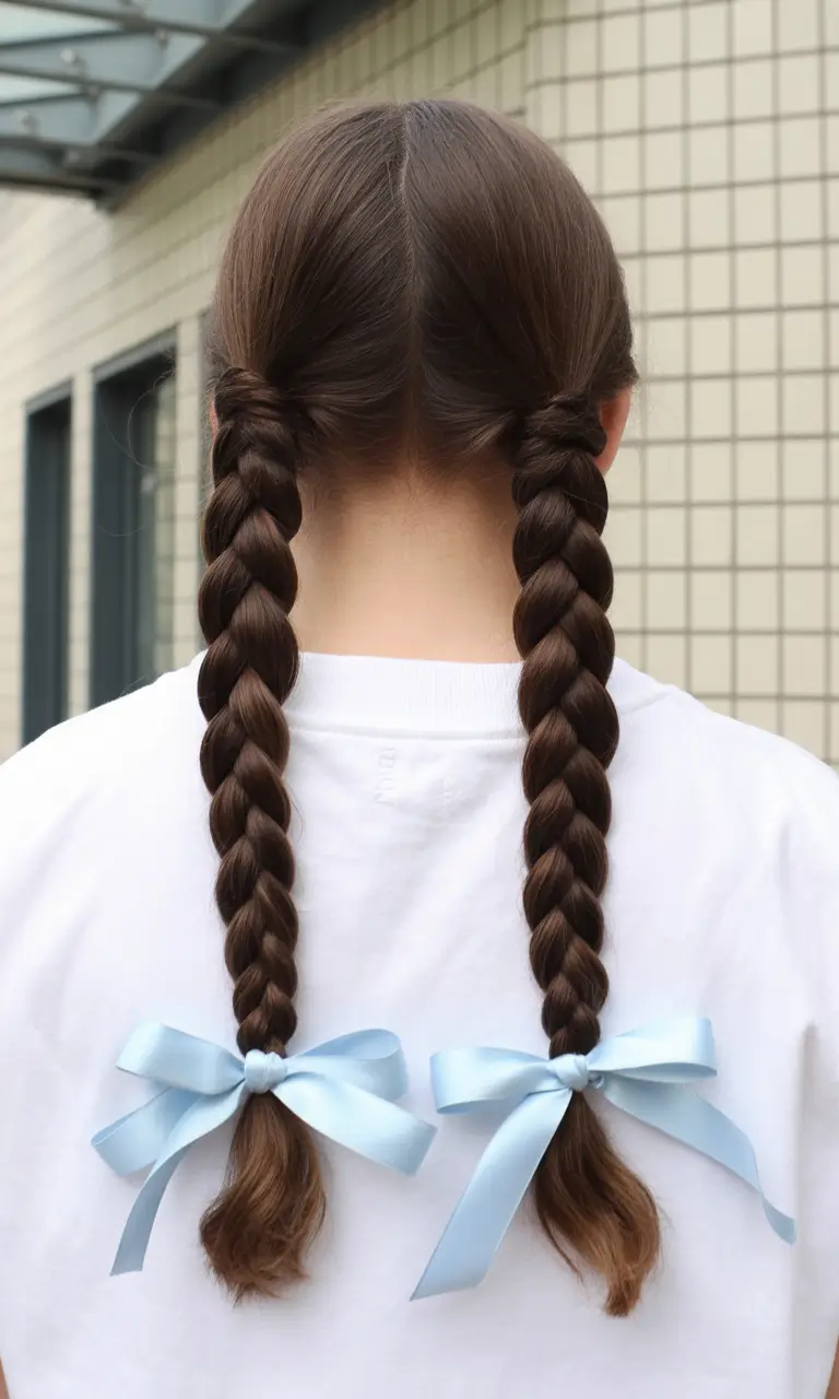 Fall braids hairstyle Sweet Schoolgirl-Inspired Braids with Satin Bows