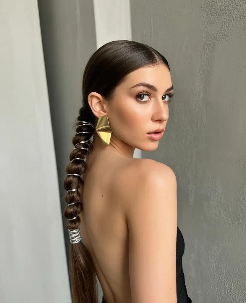Fall braids hairstyle Sleek Bubble Braid with Metallic Wraps