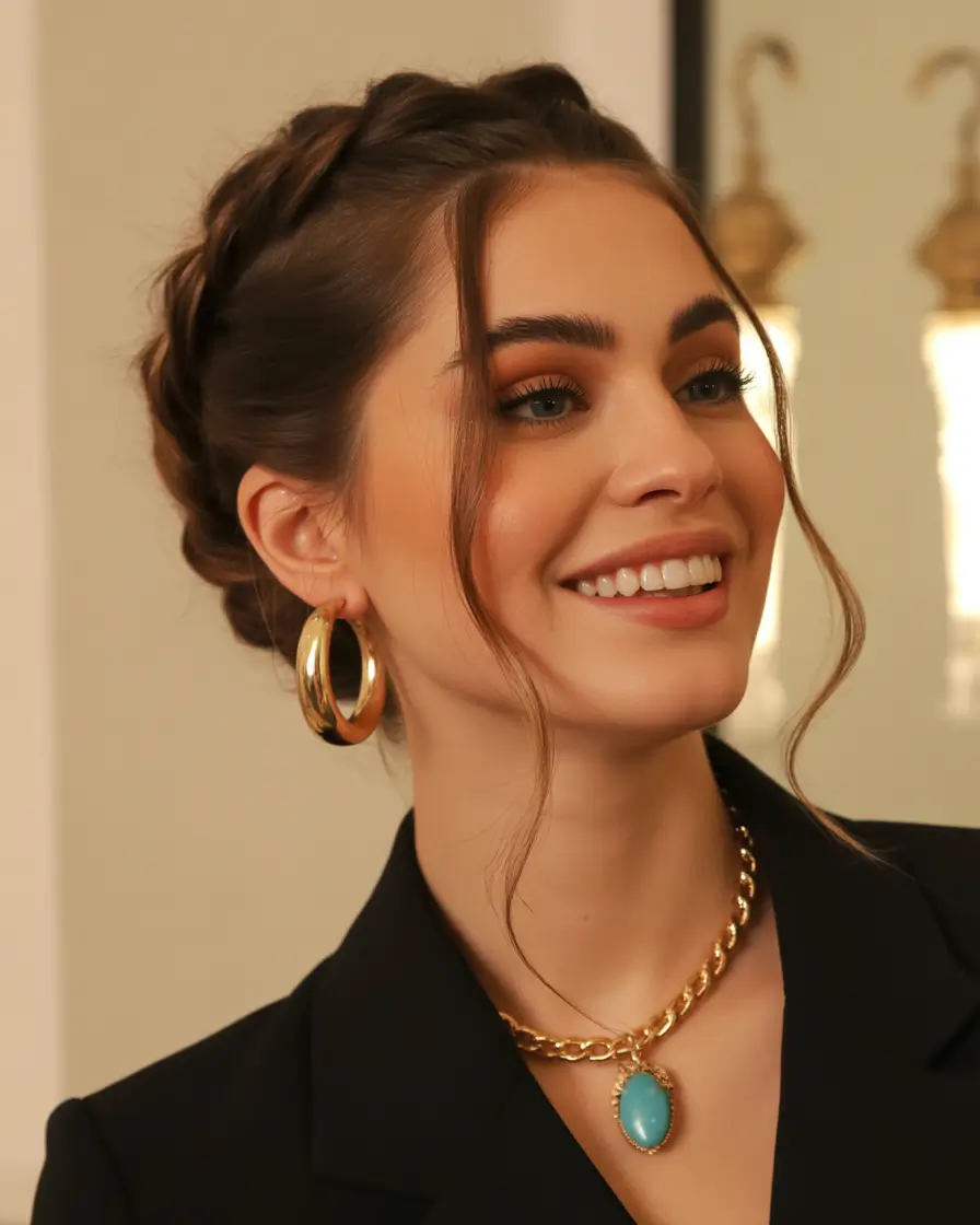 Fall hairstyle short hair Romantic Braided Crown with Loose Strands