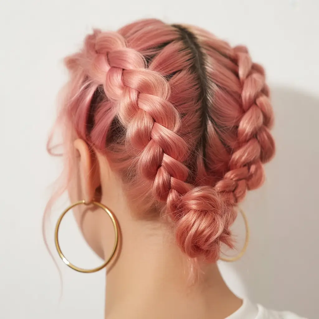 Fall hairstyle short hair Pastel Pink Double Braids