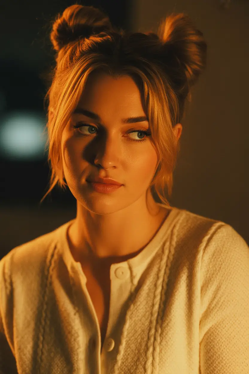 fall hairstyle short hair Cozy Space Buns with Curtain Bangs