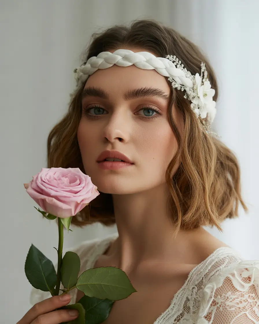 fall hairstyle short hair Braided Crown with Soft Waves