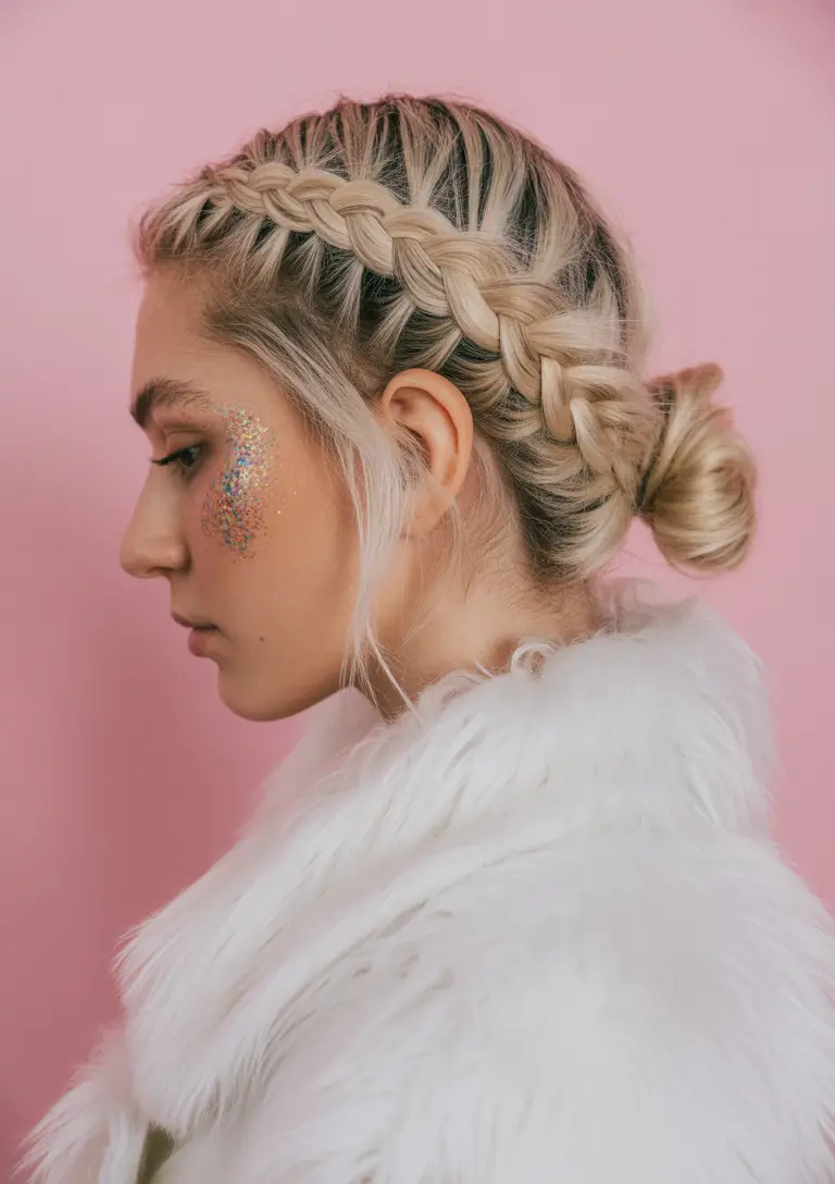 Fall hairstyle short hair Braided Glitter Low Knot