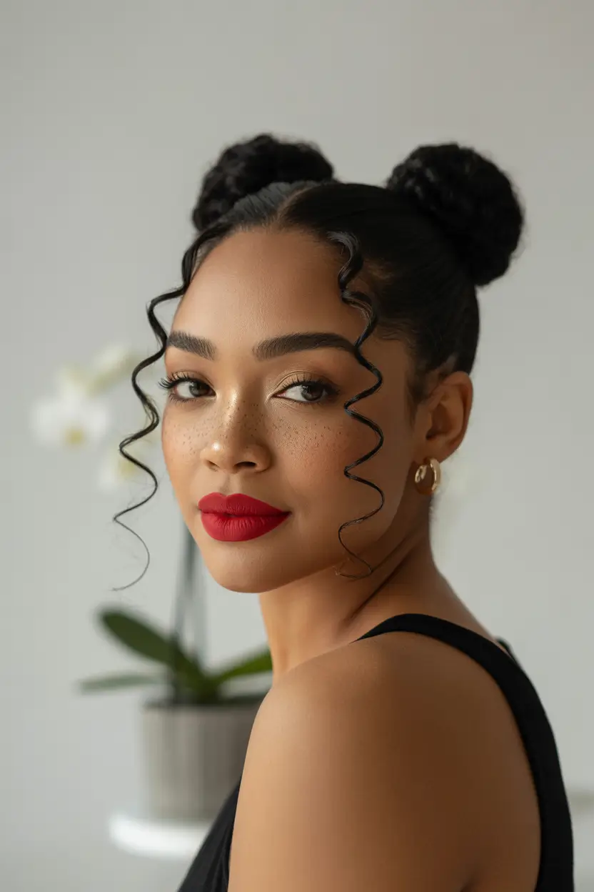 Fall hairstyle black women Elegant Dual Buns with Sculpted Curls