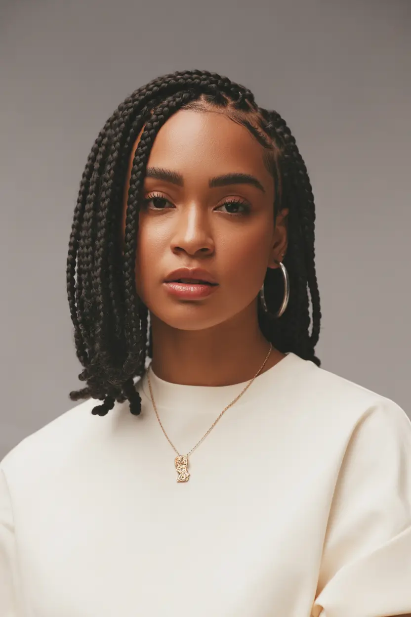 Fall hairstyle black women Shoulder-Length Box Braids with Side Part