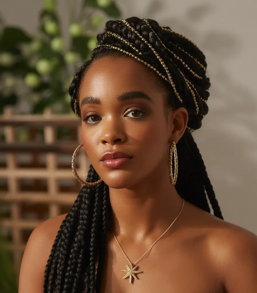Fall hairstyle black women Twisted Braided Updo with Gold Thread