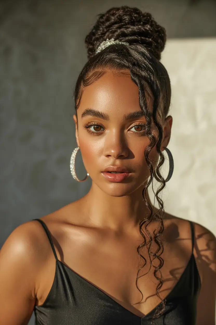 Fall hairstyle black women Curly Top Bun with Romantic Tendrils