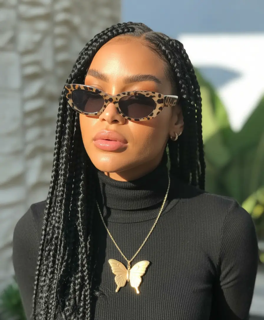 Fall hairstyle black women Long Box Braids with Middle Part