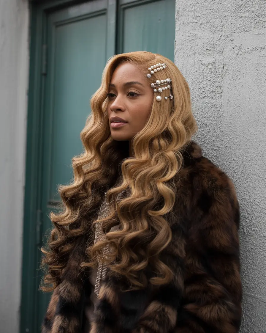 Fall hairstyle black women Hollywood Waves with Pearl Statement Clips