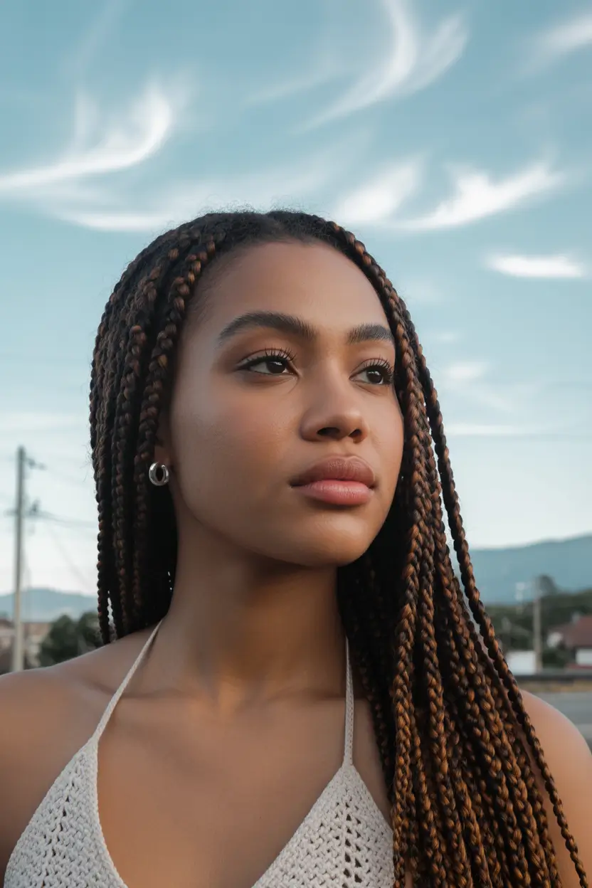 Fall hairstyle black women Chestnut Box Braids with Subtle Caramel Threading