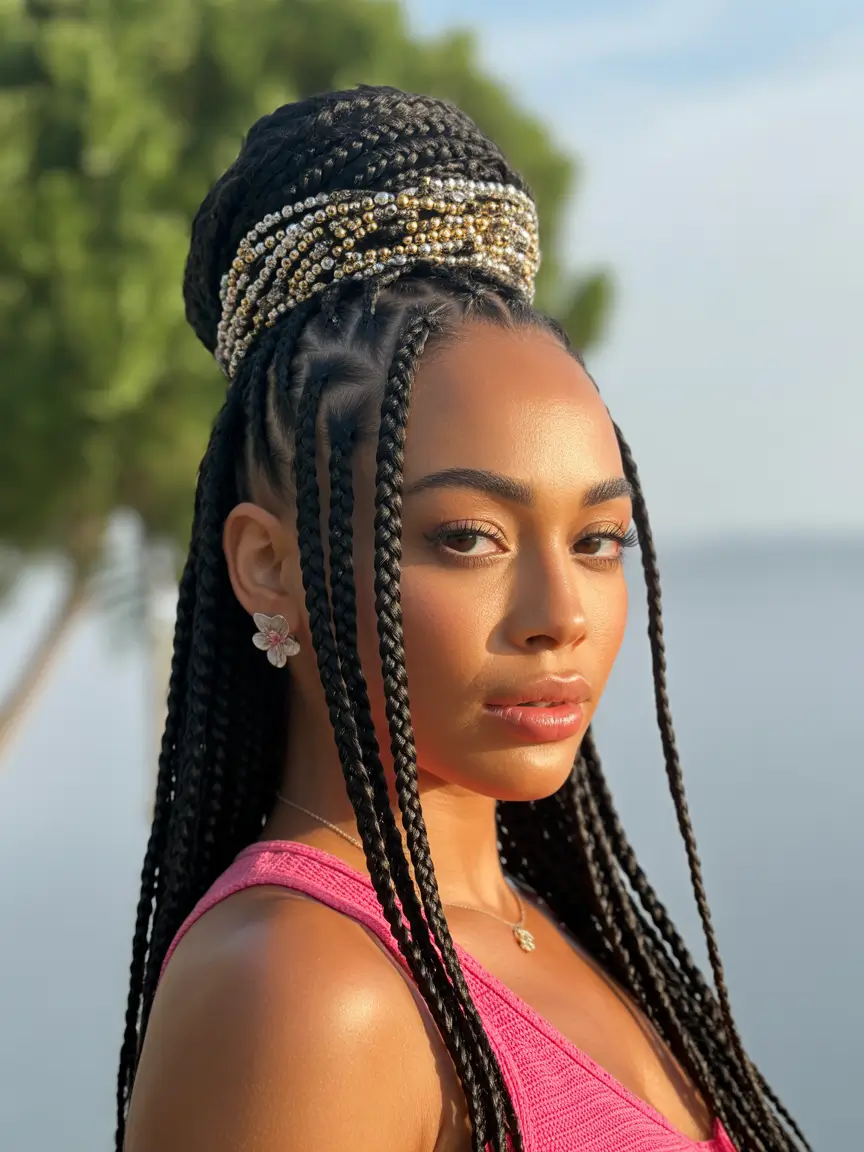 Fall hairstyle black women Twisted Braided Crown with Metallic Beads