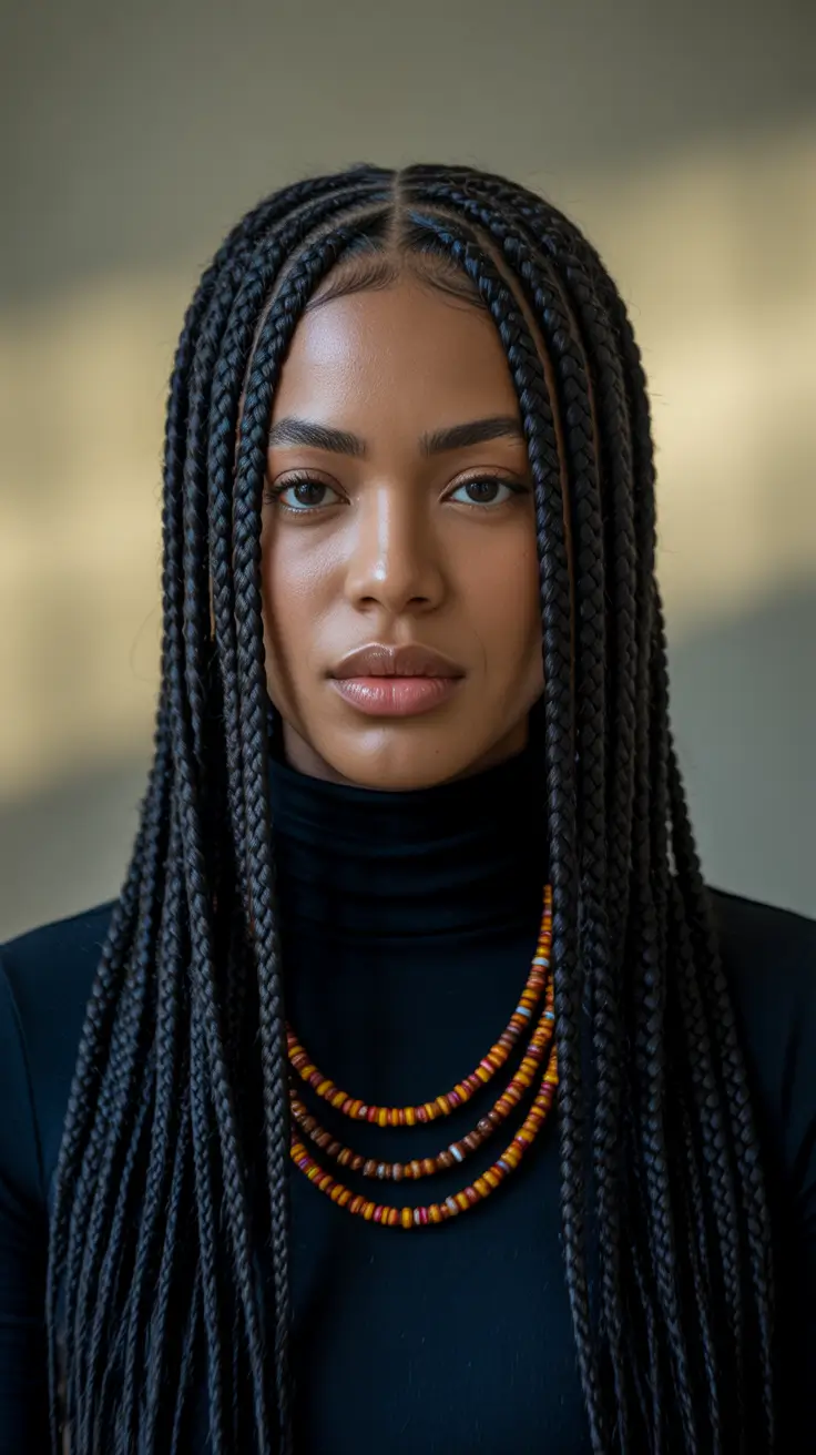 Fall hairstyle black women Jet Black Precision Braids with Center Part