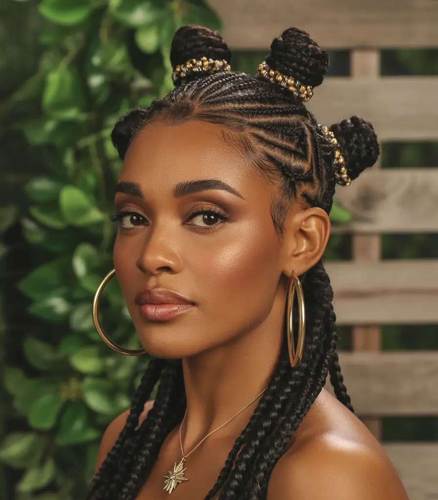 Fall hairstyle black women Intricate Top Knot Braids with Gold Accents