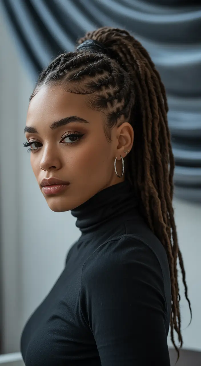 Fall hairstyle black women Sleek Braided Ponytail with Edge Art