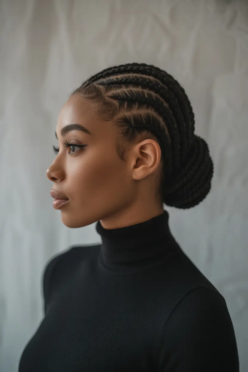 Fall hairstyle black women Low Cornrowed Chignon