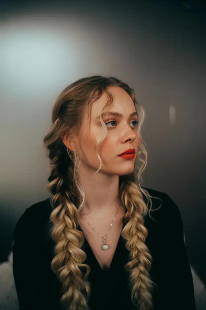 Fall hairstyle for long hairs Classic Double Braids with Romantic Twists