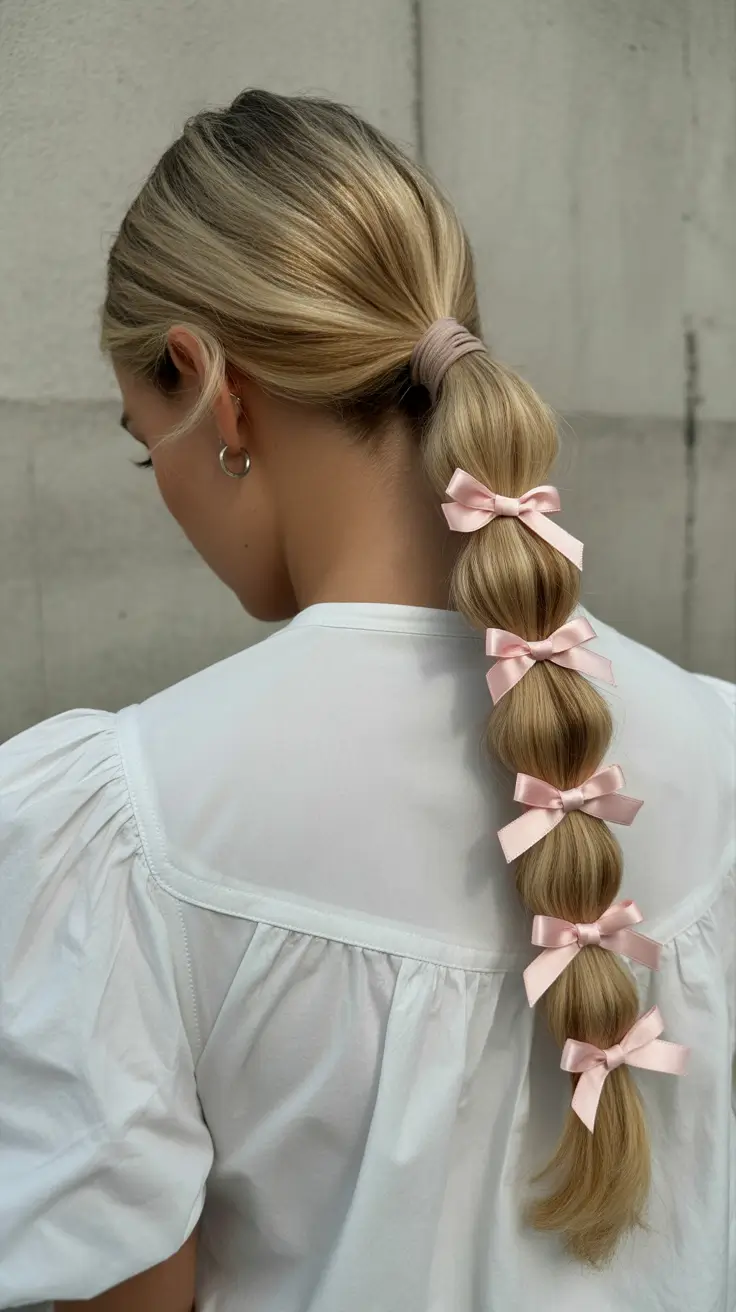 Fall hairstyle for long hairs Bubble Ponytail with Feminine Bow Accents