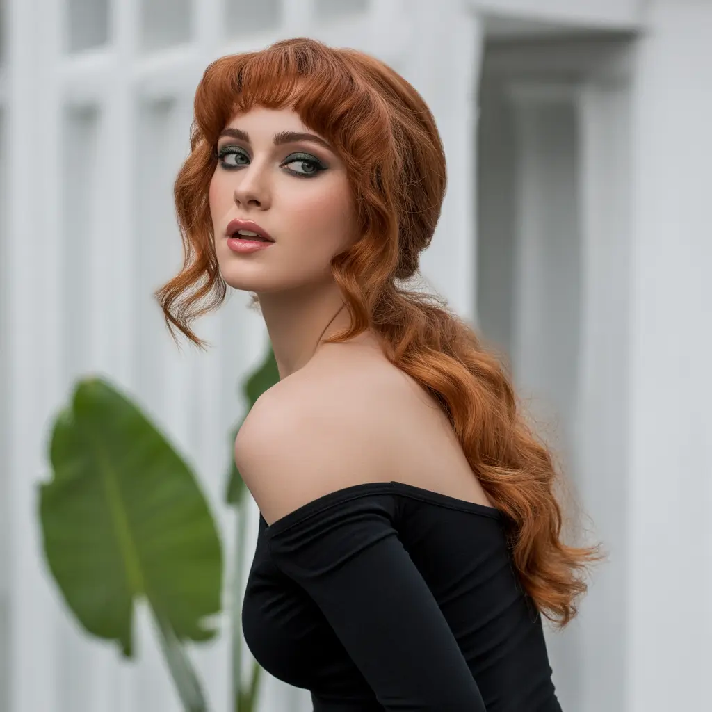Fall hairstyle for long hairs Vintage Waves with Auburn Volume and Baby Bangs