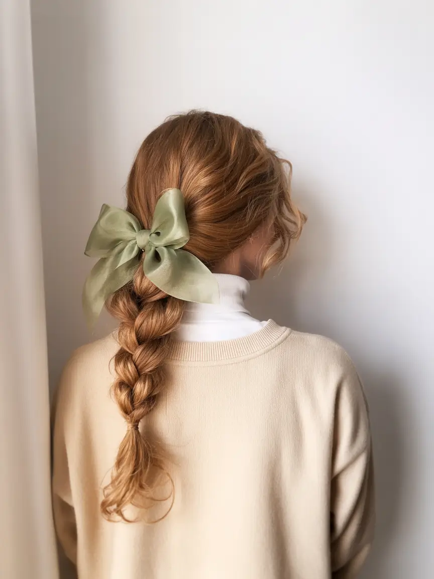 Fall hairstyle for long hairs Warm Ginger Twist with Olive Ribbon