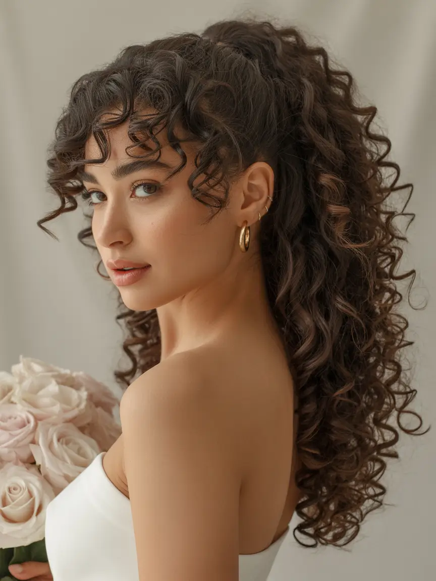 Fall hairstyle for long hairs Cascading Ponytail with Soft Bangs