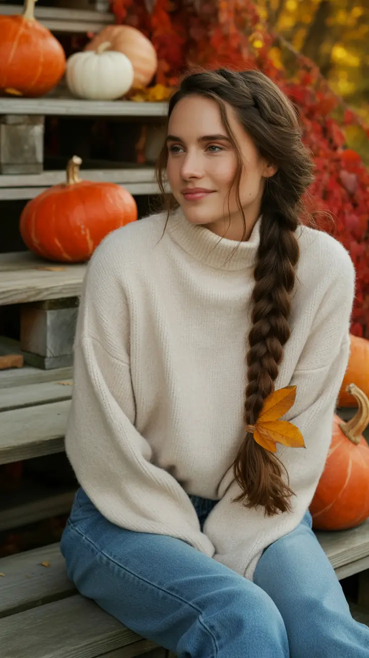 Fall hairstyle for long hairs Classic Dutch Braid with Seasonal Charm