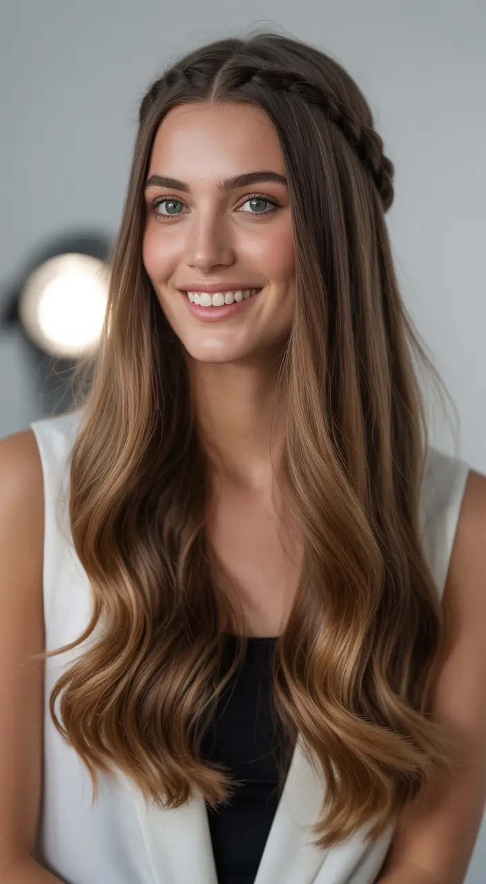 Fall hairstyle for long hairs Crown Braid with Soft Waves
