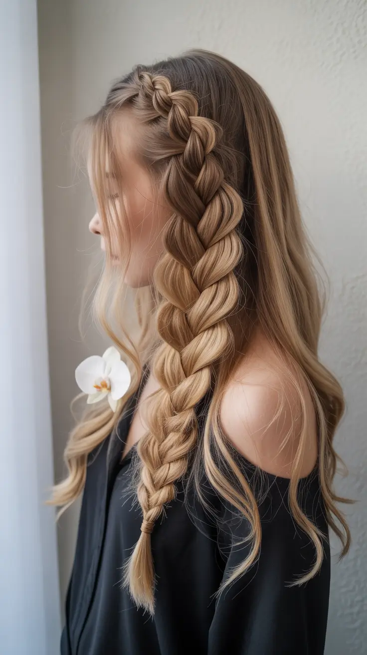 Fall hairstyle for long hairs Side Pull-Through Braid with Golden Honey Tones