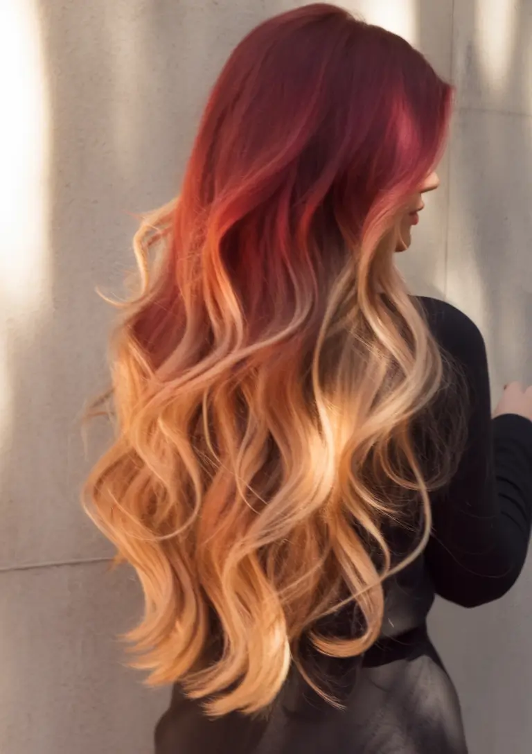 Summer Ombre Hair Color Ideas 2025: Trendy Shades+Fiery Red Melt with Golden Ends