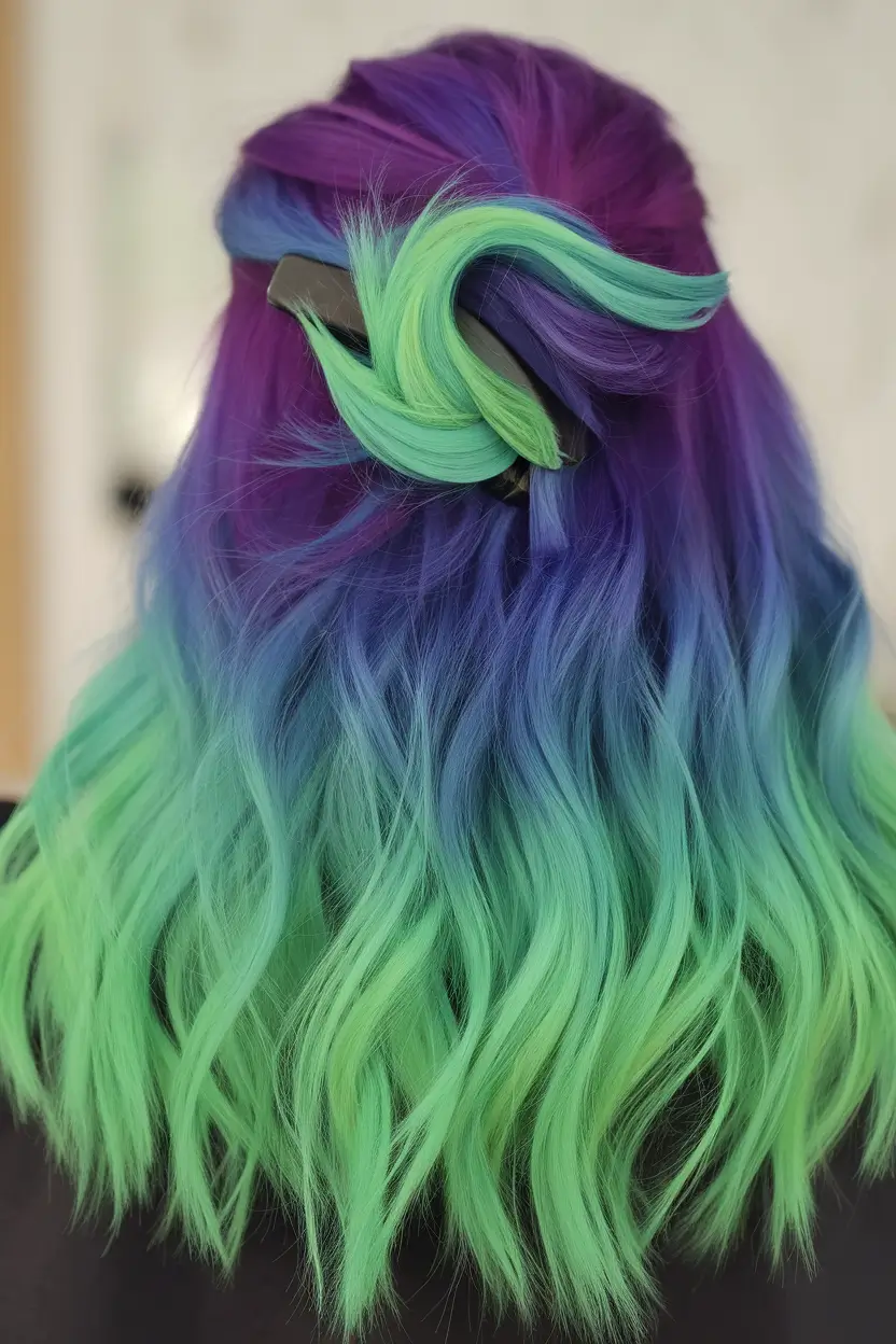 Summer Ombre Hair Color Ideas 2025: Trendy Shades Electric Ocean Ombre with Twisted Updo