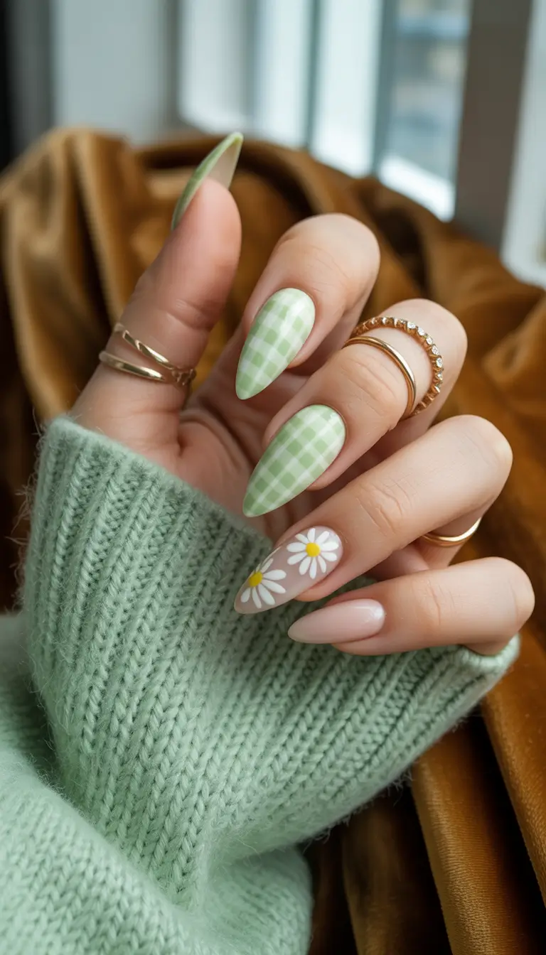 Almond Nails That Slay Summer 2025 Sweet and Fresh Green Gingham & Daisies