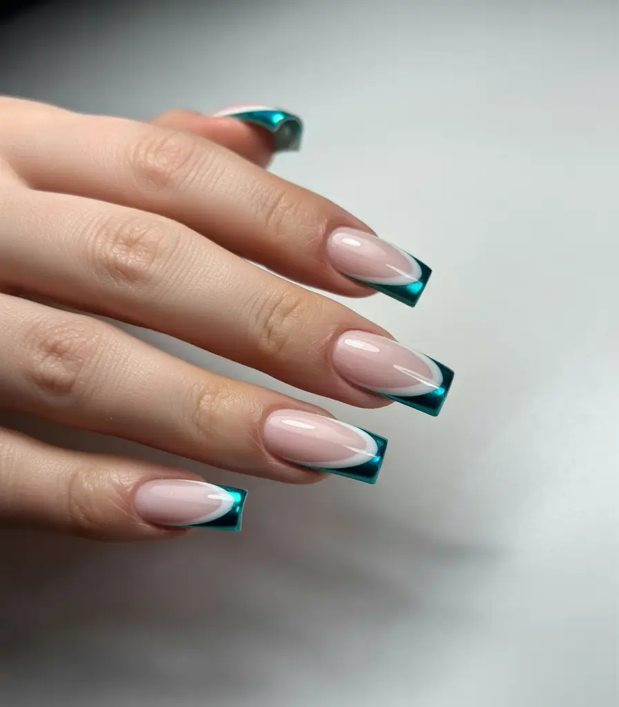 Beach Nails That Shine in Summer 2025 - Chrome Teal French With Wave Accent