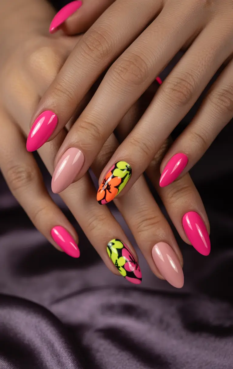 Beach Nails That Shine in Summer 2025 - Neon Florals on Barbie Pink