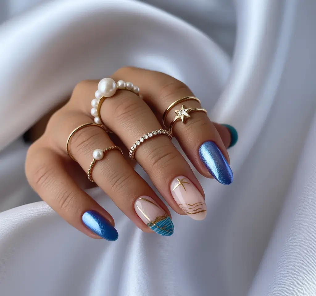Beach Nails That Shine in Summer 2025 - Seaside Chic Meets Metallic Blue