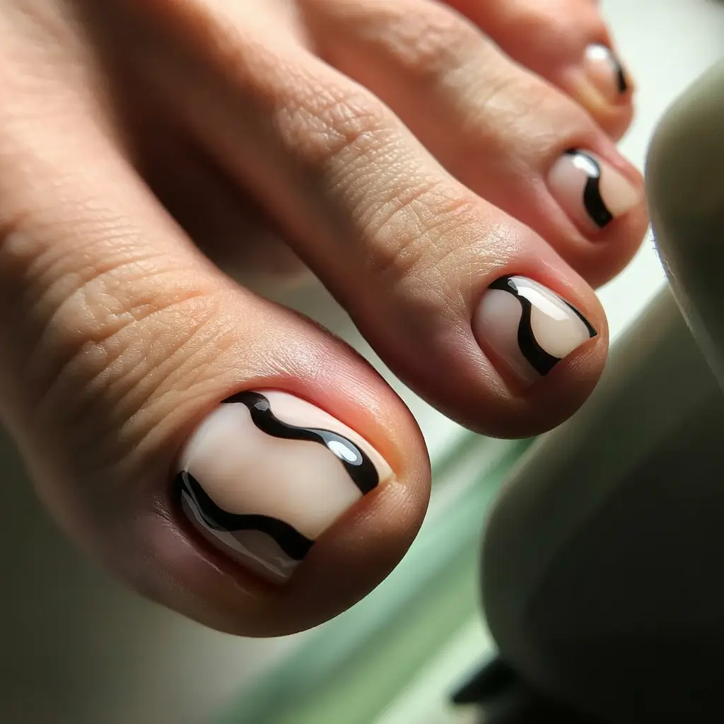 Best Toe Nail Colors for Summer 2025 Abstract Waves Playful Black Lines on Nude Base