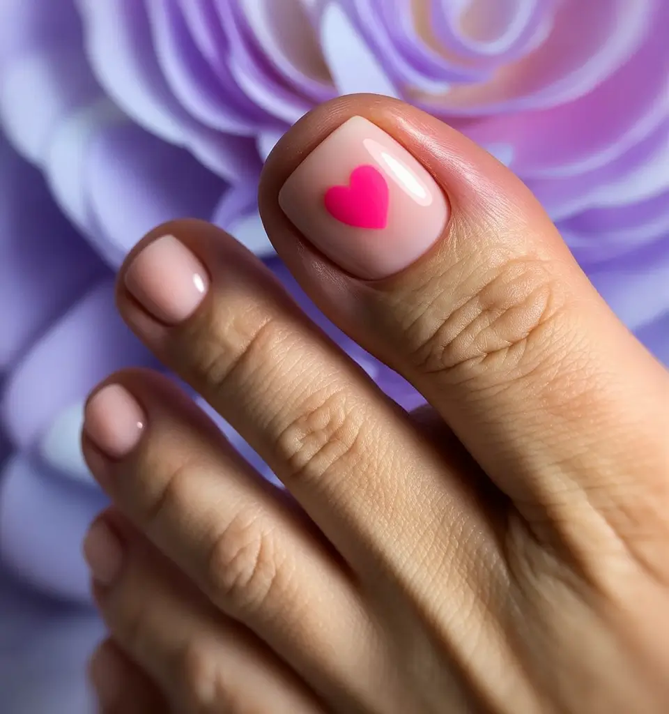 Best Toe Nail Colors for Summer 2025 Soft Romance Nude Pink with a Sweet Heart Accent