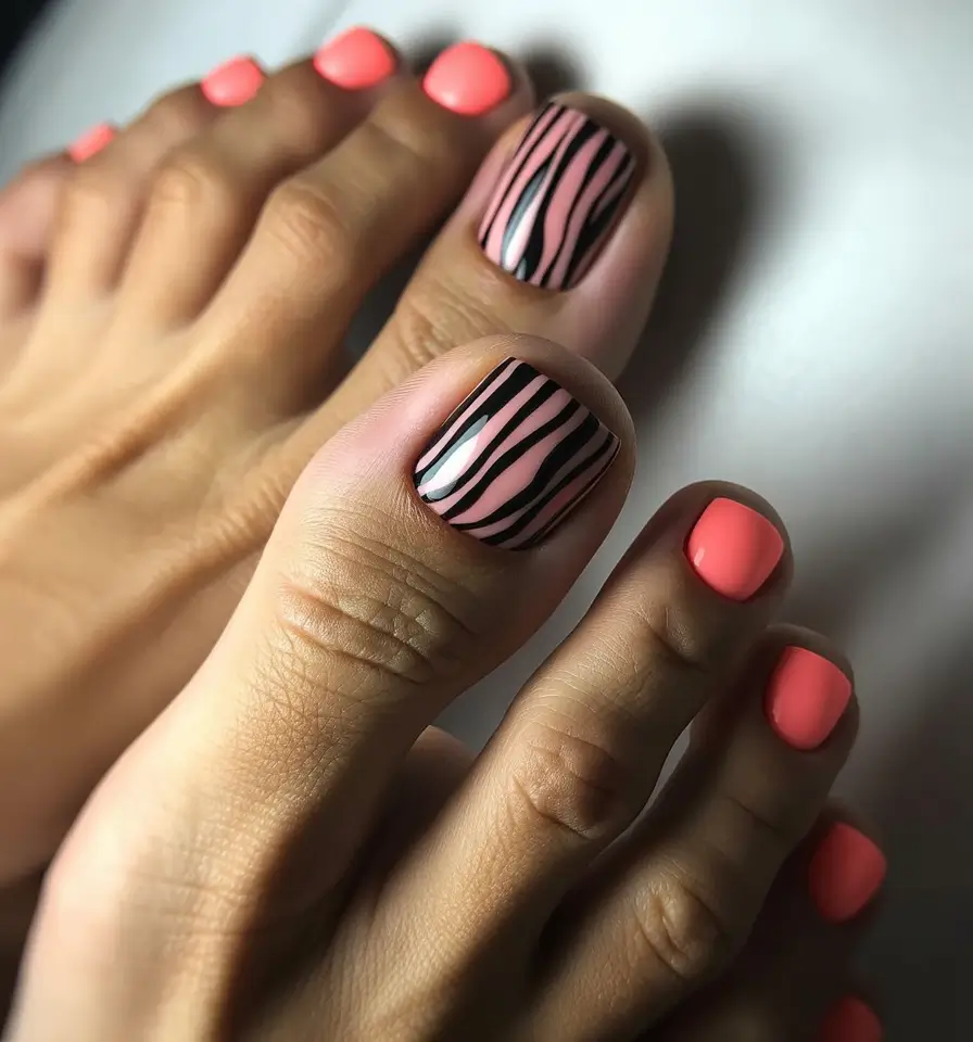 Best Toe Nail Colors for Summer 2025 Tropical Vibes Coral with Bold Black Zebra Stripes