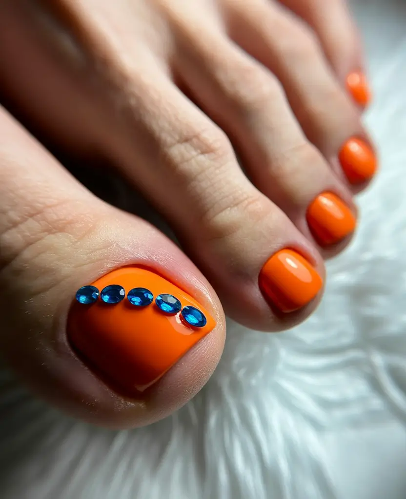 Best Toe Nail Colors for Summer 2025 Fiery Glam Orange with Blue Gem Accents