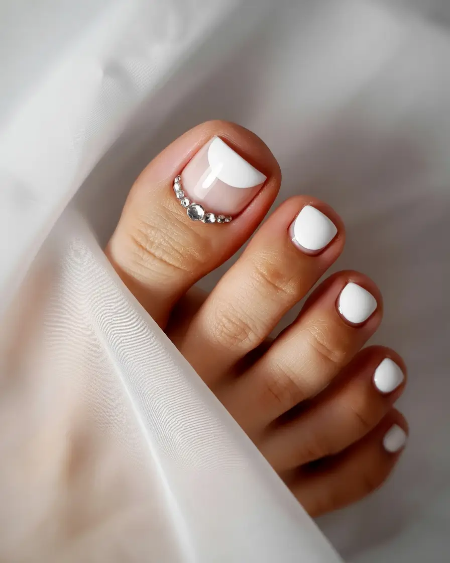Best Toe Nail Colors for Summer 2025 Classic Elegance White French with Rhinestone Accents