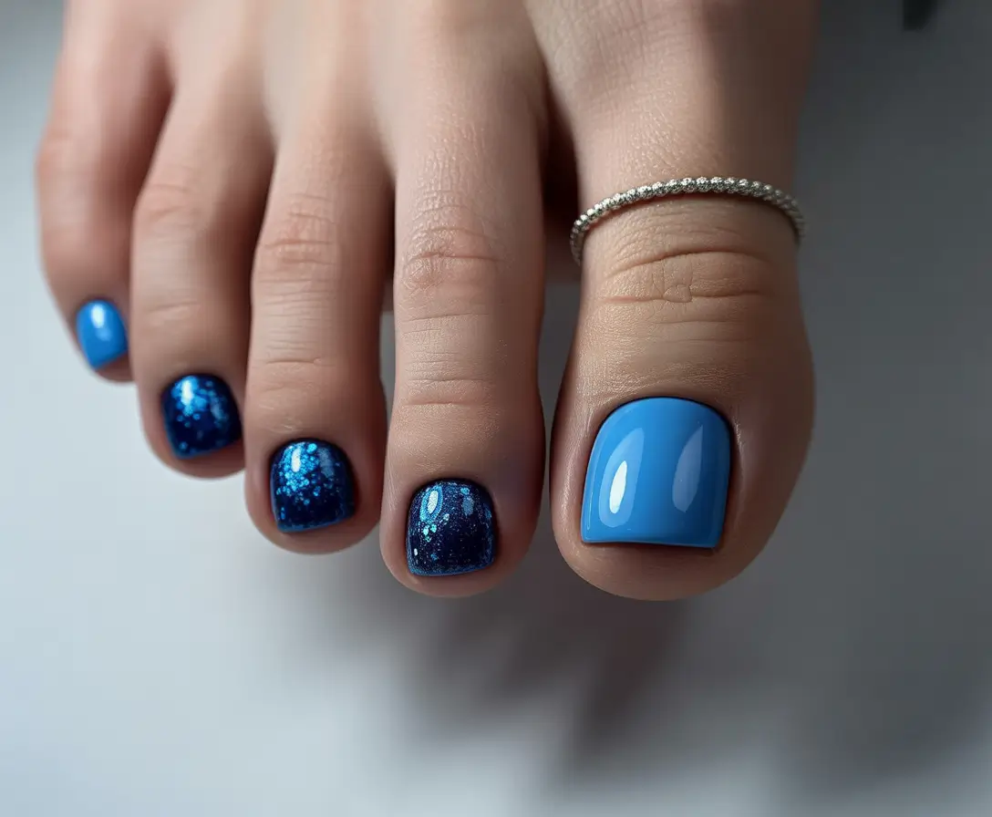 Best Toe Nail Colors for Summer 2025 Midnight Ocean Deep Blue with Glitter Accents