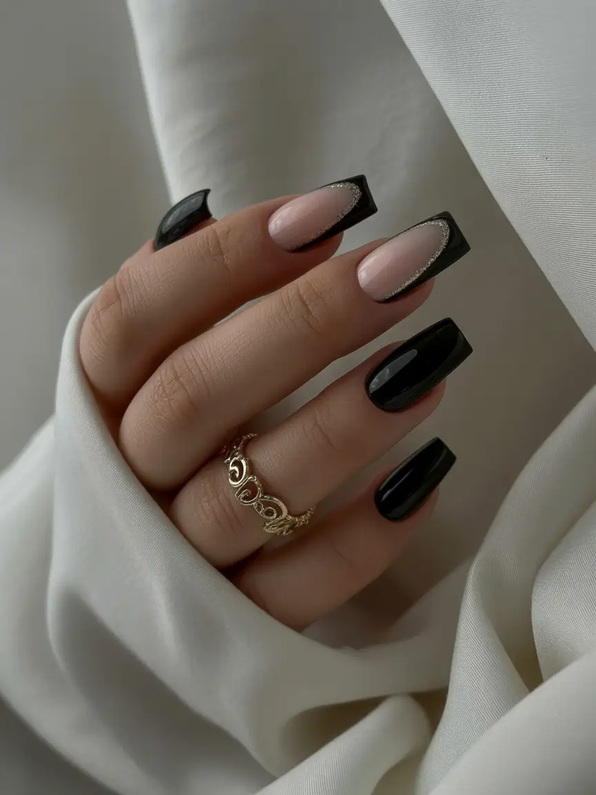Black Summer Nails That Pop in 2025 Sharp French with a Hint of Champagne