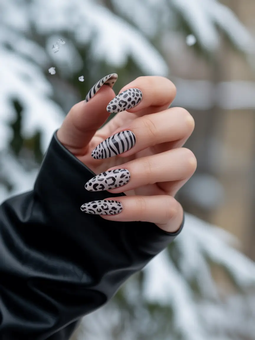 Black Summer Nails That Pop in 2025+Fierce Meets Frost: Matte Animal Prints with Edge