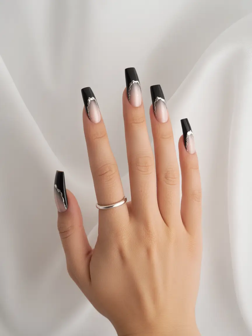 Black Summer Nails That Pop in 2025+Sharp & Sophisticated: French Fade with Silver Chains