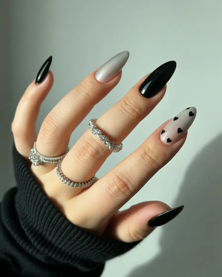 Black Summer Nails That Pop in 2025+Cool Contrast with Silver, Black, and Hearts